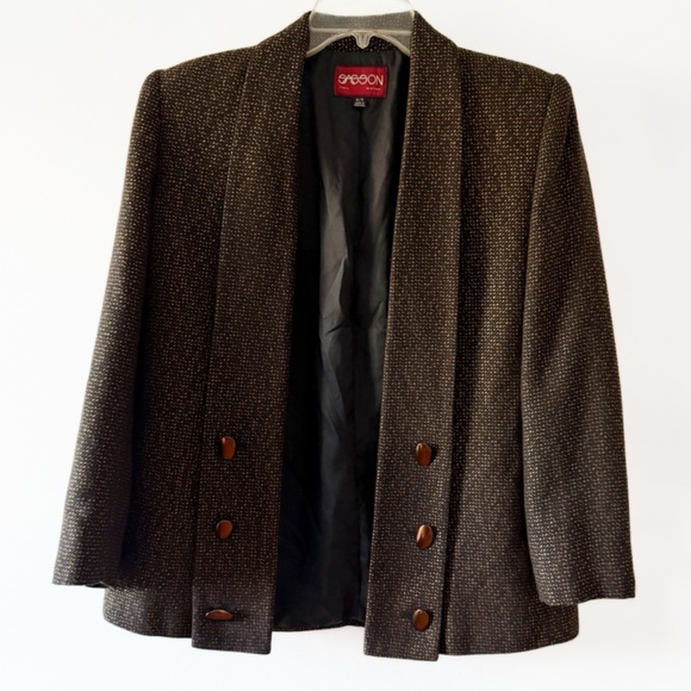 Vintage Sasson Black & Gold Open Blazer with Copper Oval Buttons 6/7